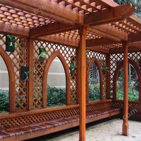 中式防腐木廊架座凳 质保二十年 小区公园景观木制花架